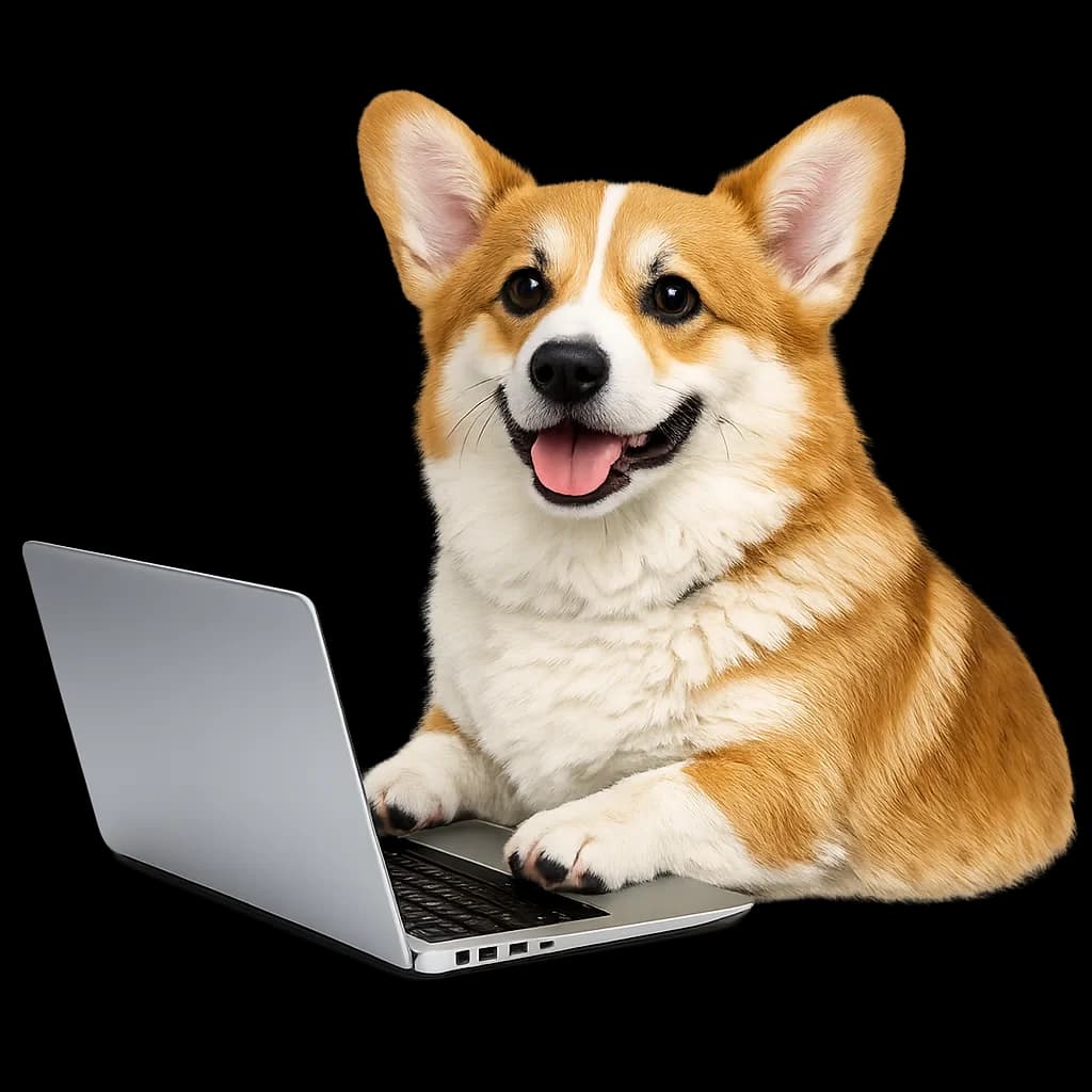A corgi sitting in front of a laptop