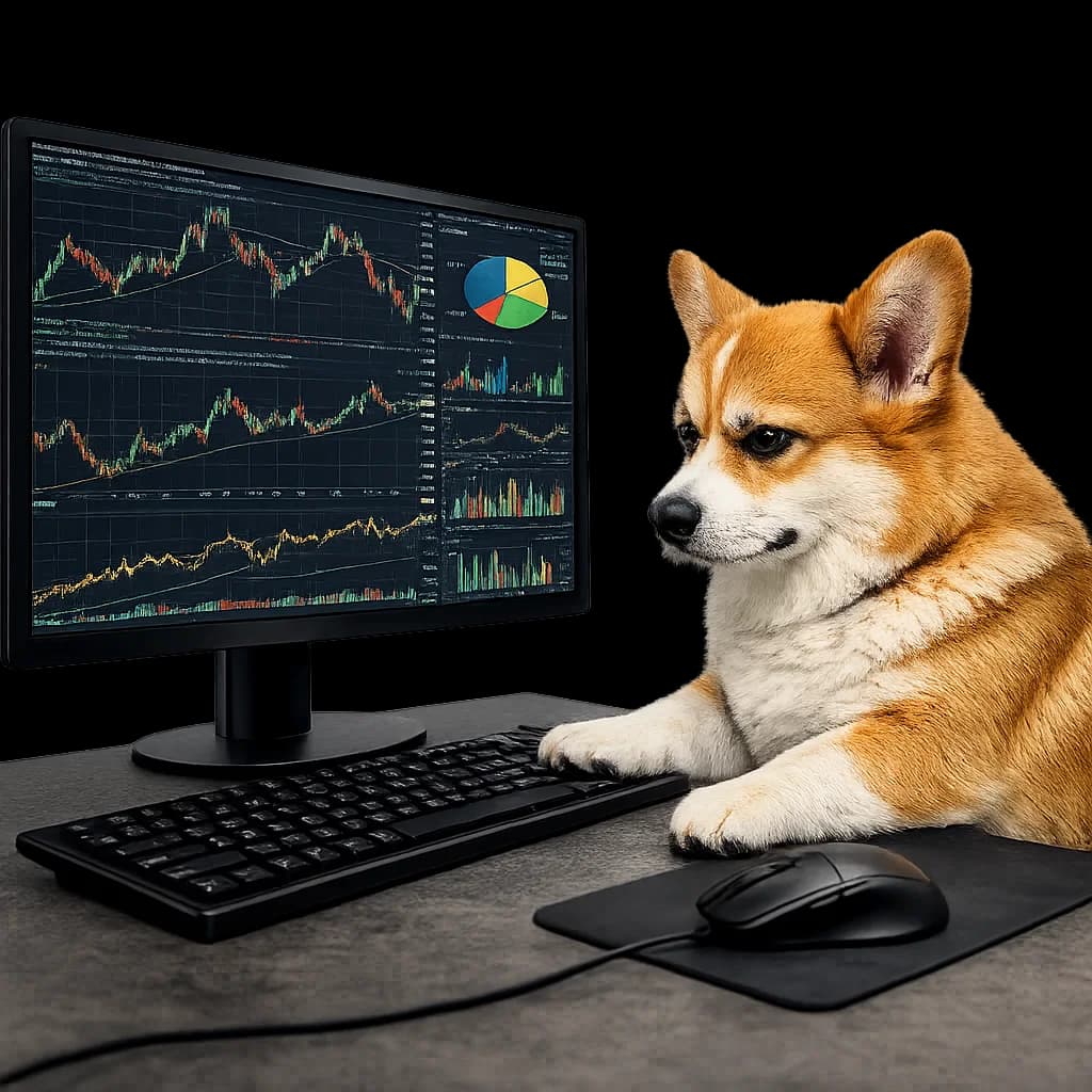 A corgi sitting at a desk looking at a monitor